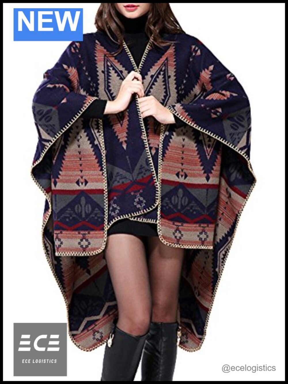 Women's Color Block Open Front Poncho Shawl Wrap Cape Ruana - Picture 4 of 6